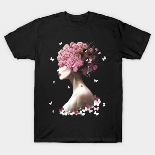 Floral lady, cute girl and pink flowers, watercolor roses and butterflies, cute, anime, kawaii, seasonal T-Shirt